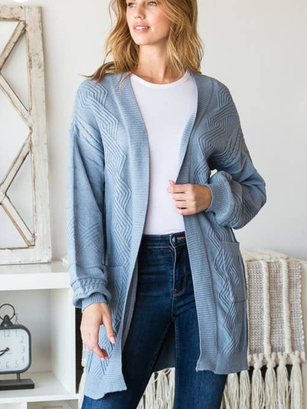 Heimish Women's Dusty Blue Cable Knit Long Cardigan W/ Balloon Sleeves Size M/L